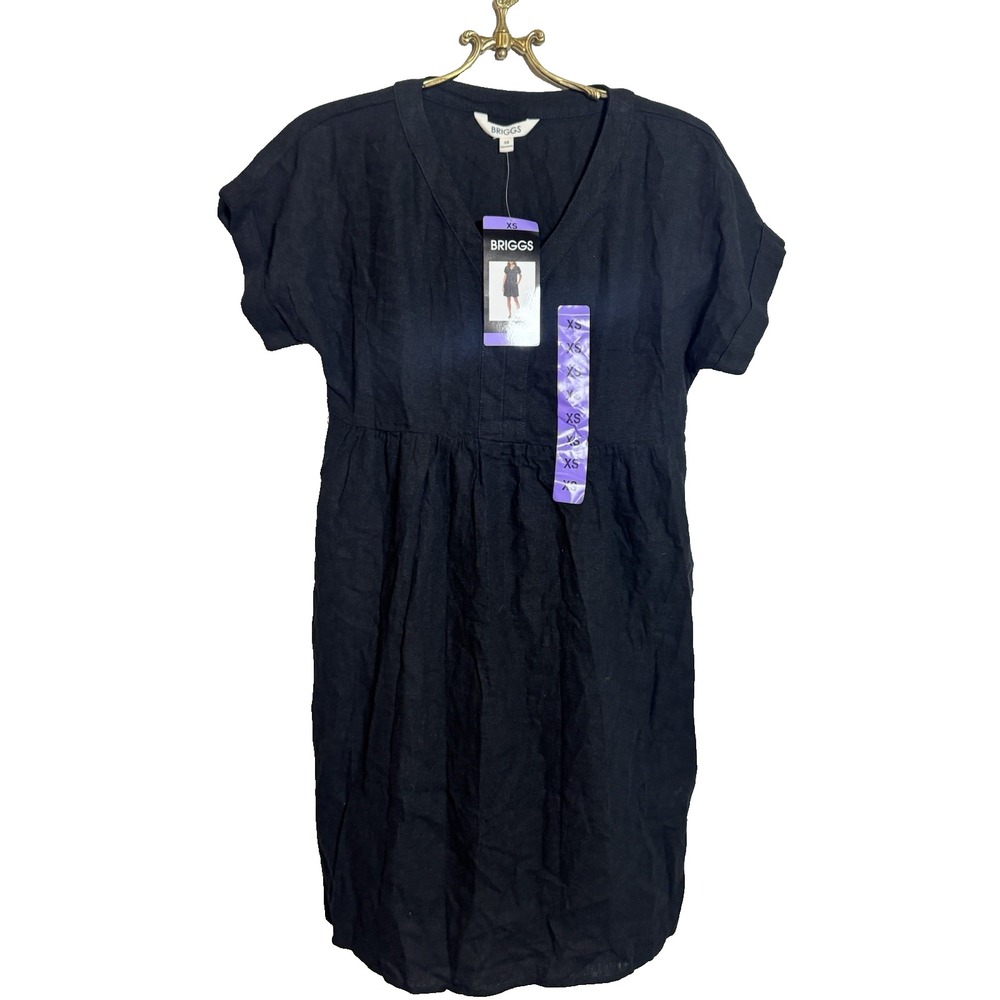BRIGGS Dress Adult XS‎ Black Short Sleeve V-Neck Pockets Linen Blend Womens NEW